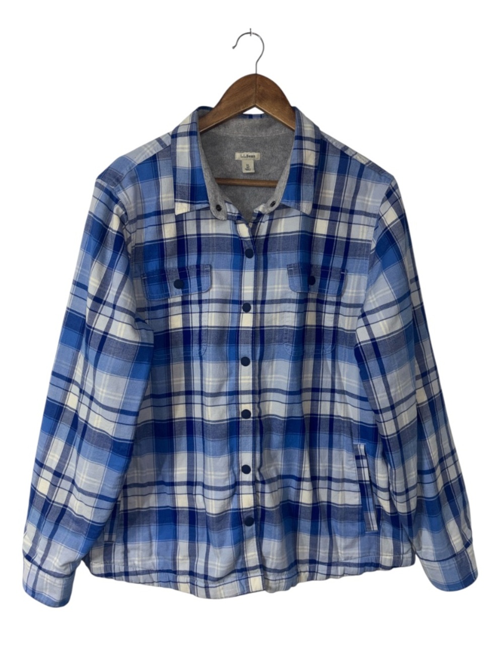 L.L. Bean Blue and White Plaid Shacket Utility Jacket Coat Buttons Cotton XL